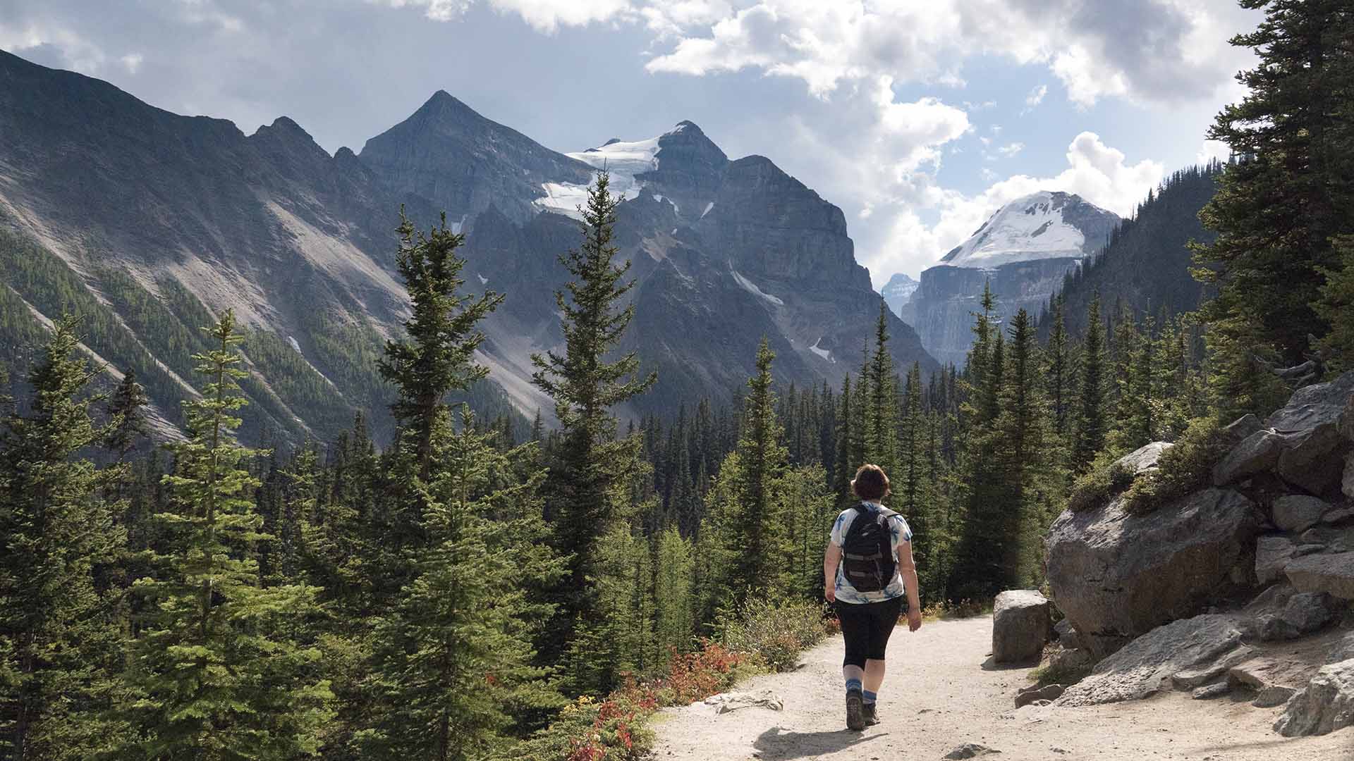 a person walking on a path in the mountains