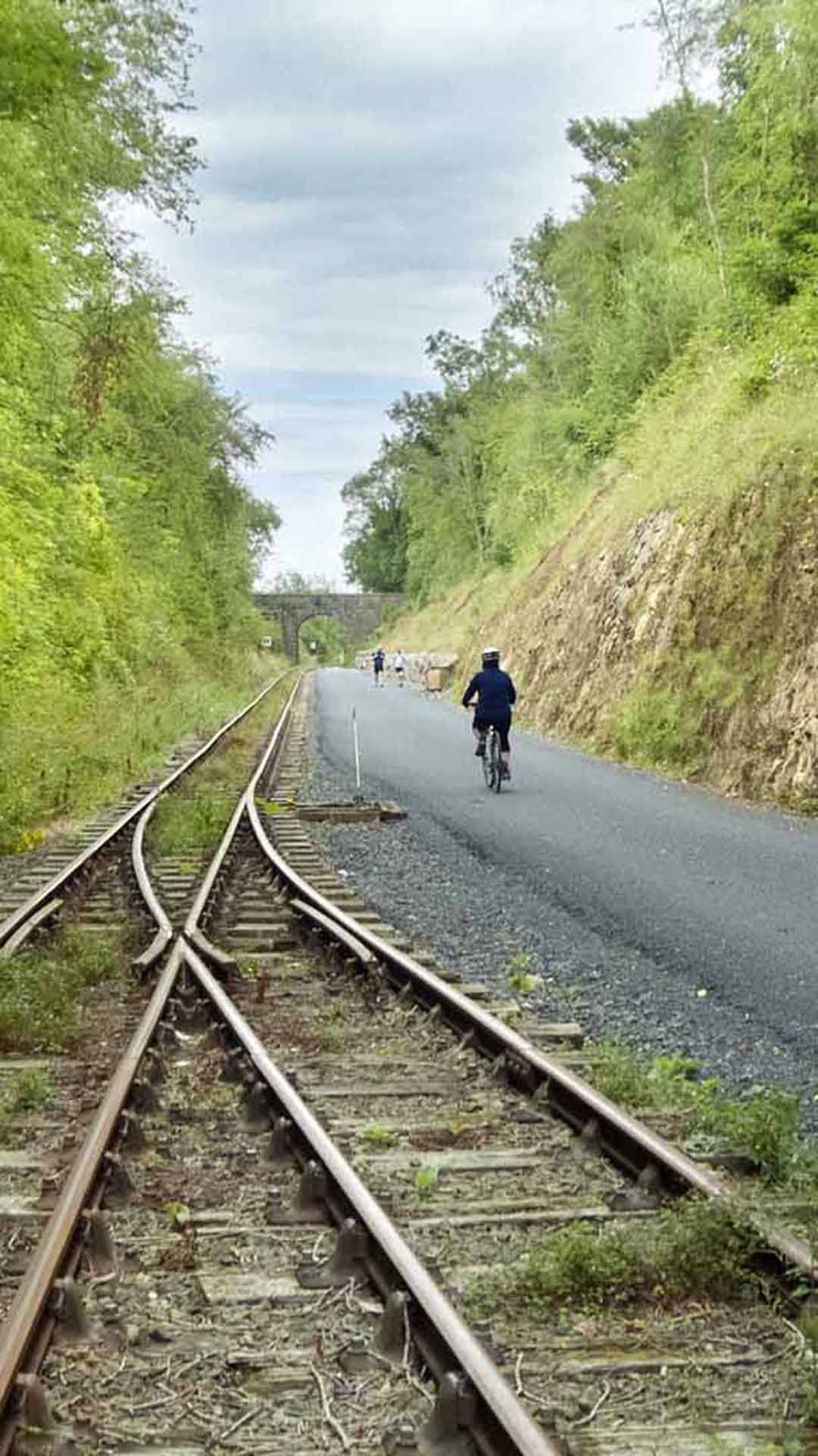 a person riding a bicycle on a road next to train tracks