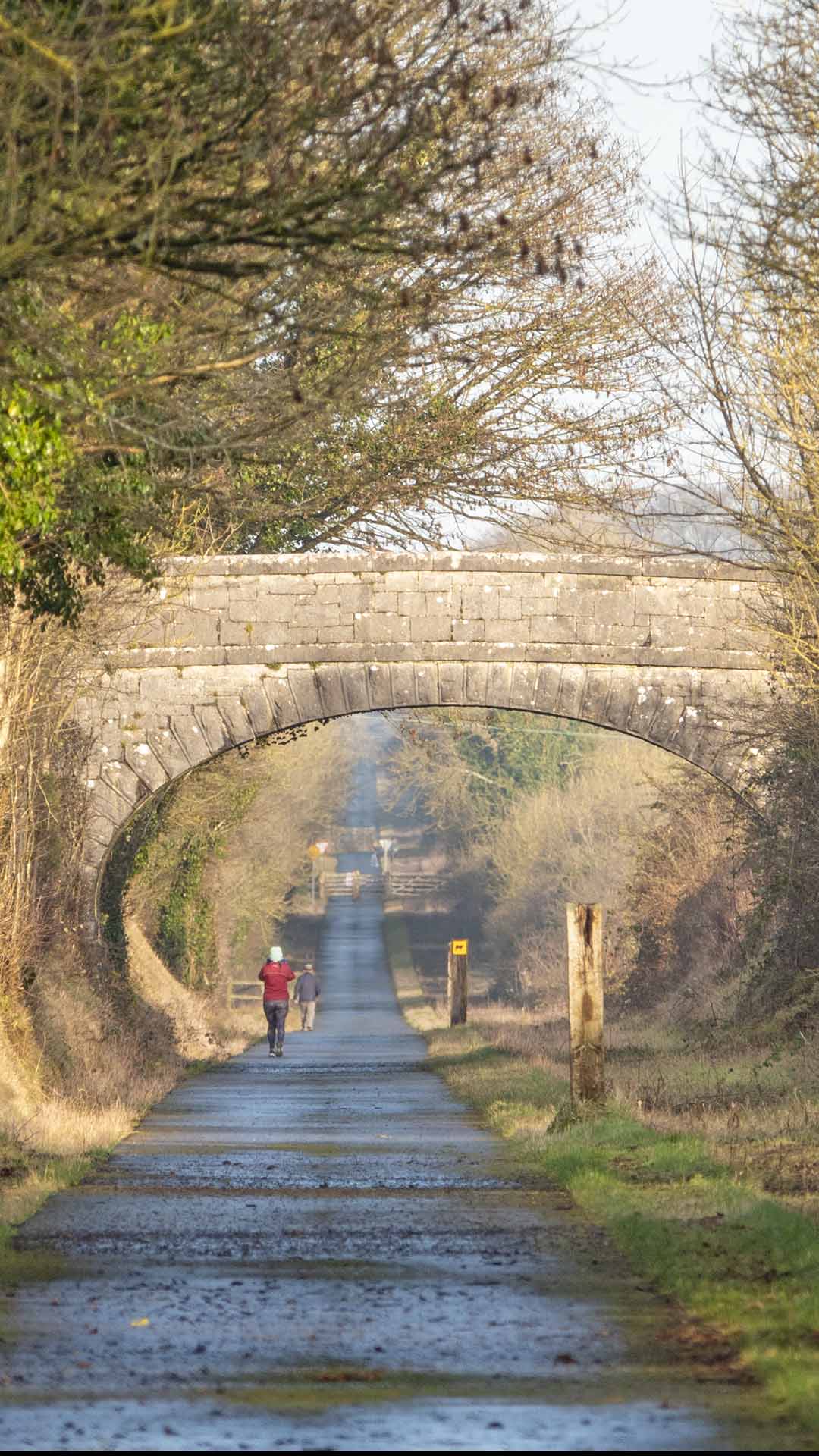 a person walking on a path under a stone bridge