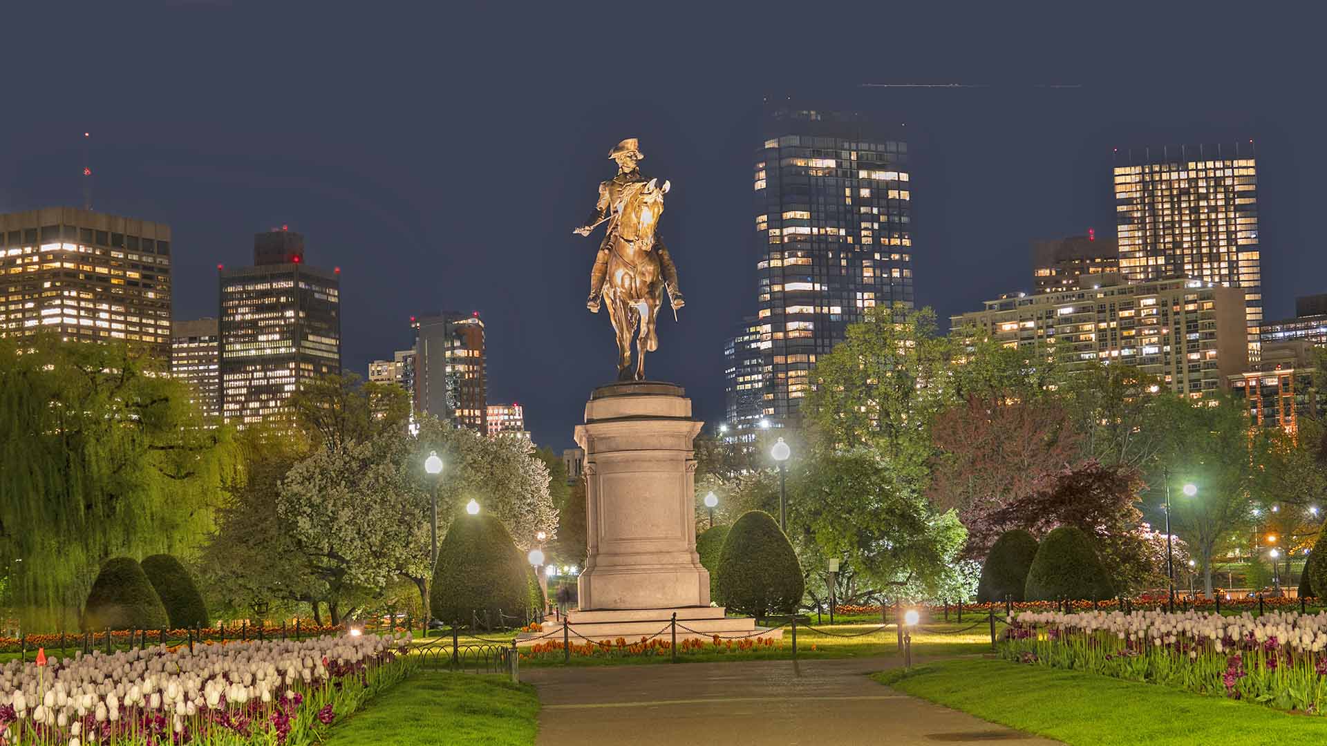 a statue of a man on a horse in a park with a city in the background