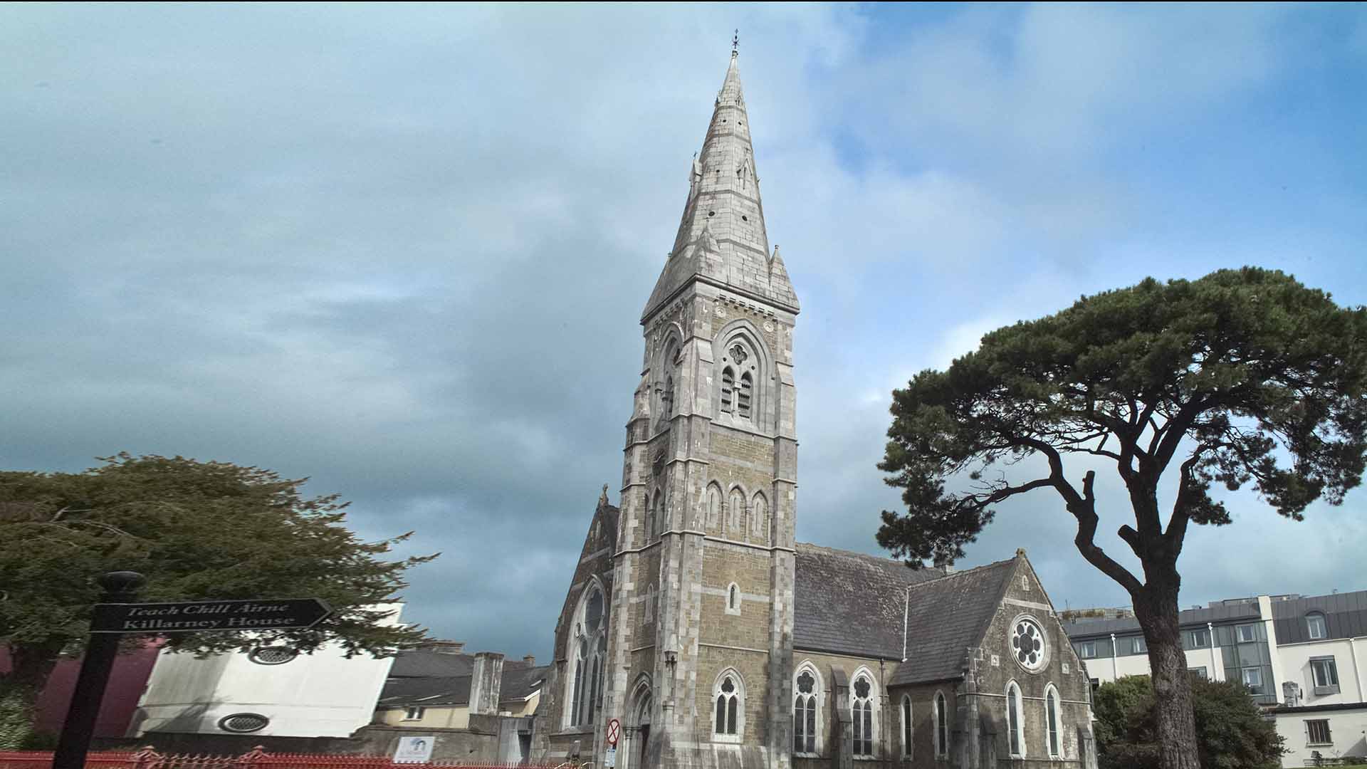 a church with a tall tower