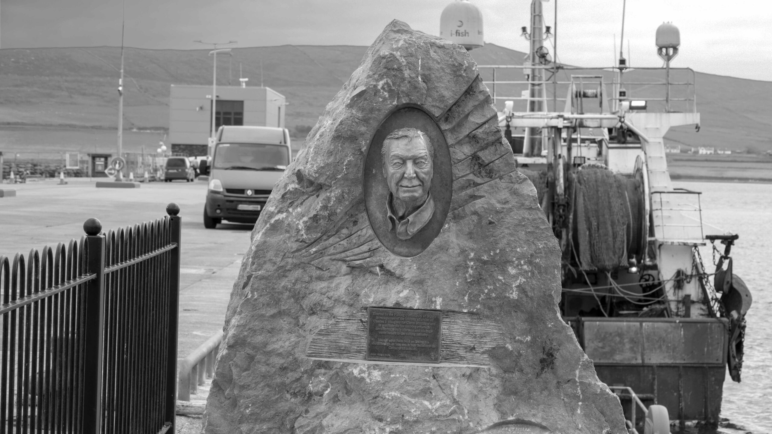 Charles Haughey commemorative sculpture Dingle pier Kerry Ireland