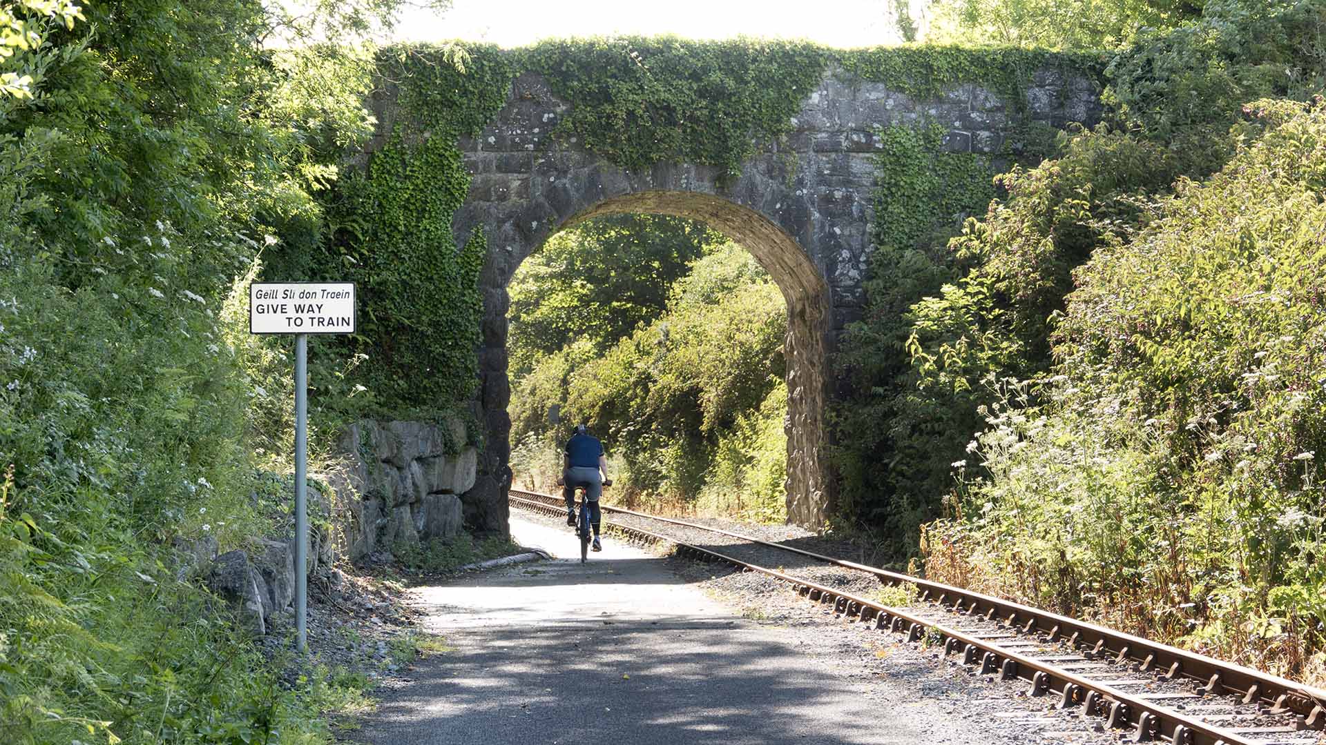 a person riding a bicycle under a stone bridge